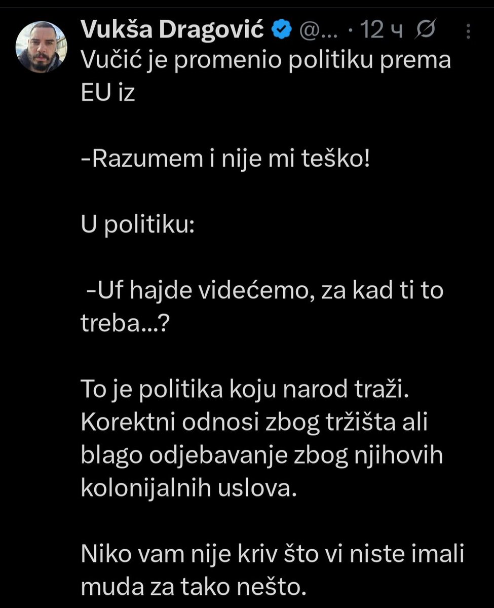 Pljackovic's tweet photo. Колико разумем ово је Вучићев бот који тврди да је Вучић прво без поговора испуњавао жеље ЕУ, а сада се мало фемка?
Која је ово трагикомедија ‼️🤣 https://t.co/CH9LhMWxub