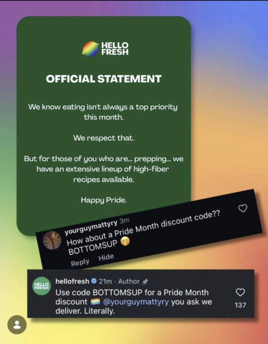 JackDan110's tweet photo. Dear Hello Fresh, 

Whose terrible idea was it to promote “good bottoming”, fiber rich foods? Your promo code “BOTTOMSUP” is pretty disgusting. Do better. 

Signed, a Gay man. https://t.co/L5hilrXMcv