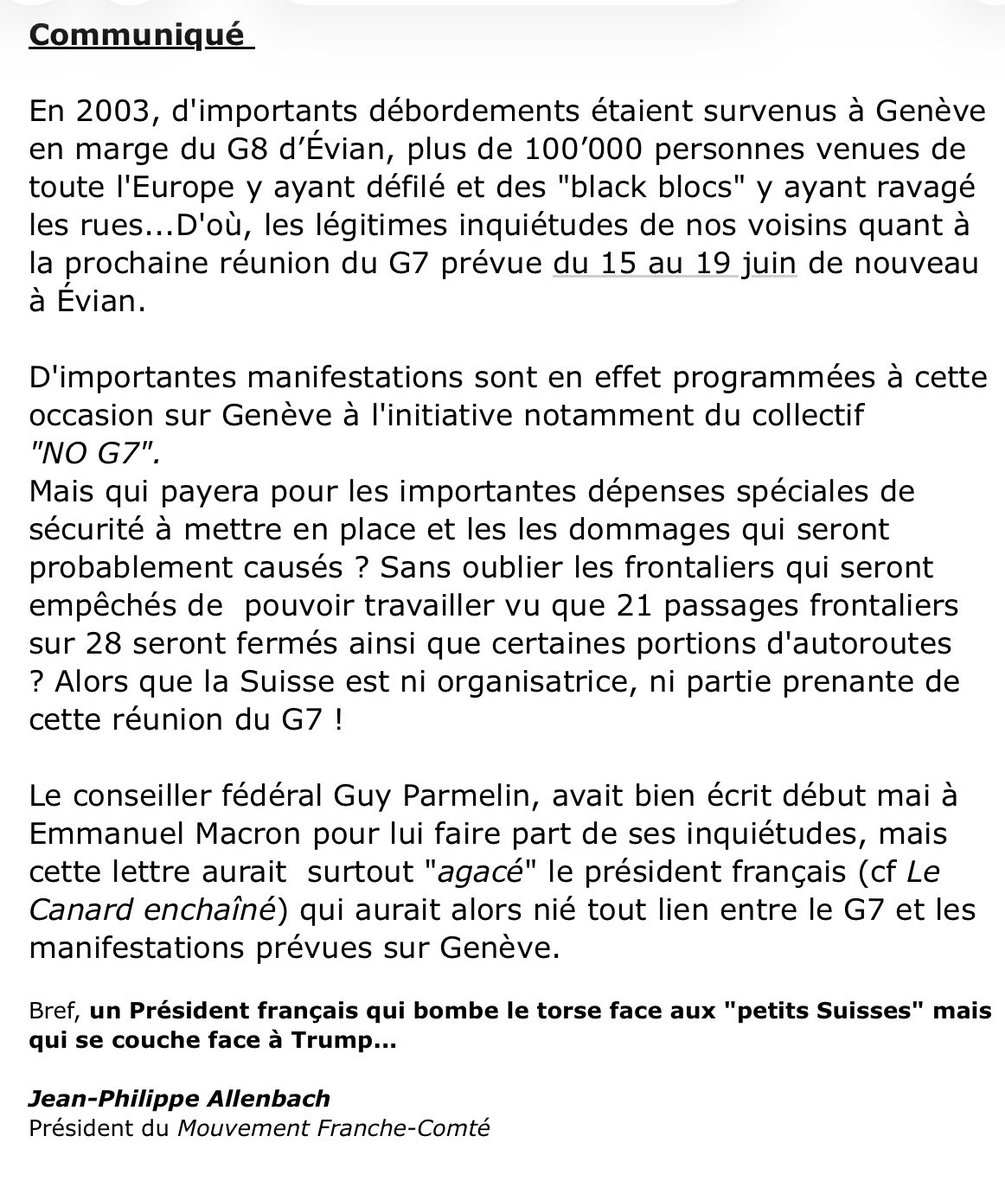 ComteMouvement's tweet photo. G7 d'Evian / Communiqué du MFC /7/6/2026 /#G7 #Evian #France #Geneve #suisse https://t.co/vCkzGLsuTm