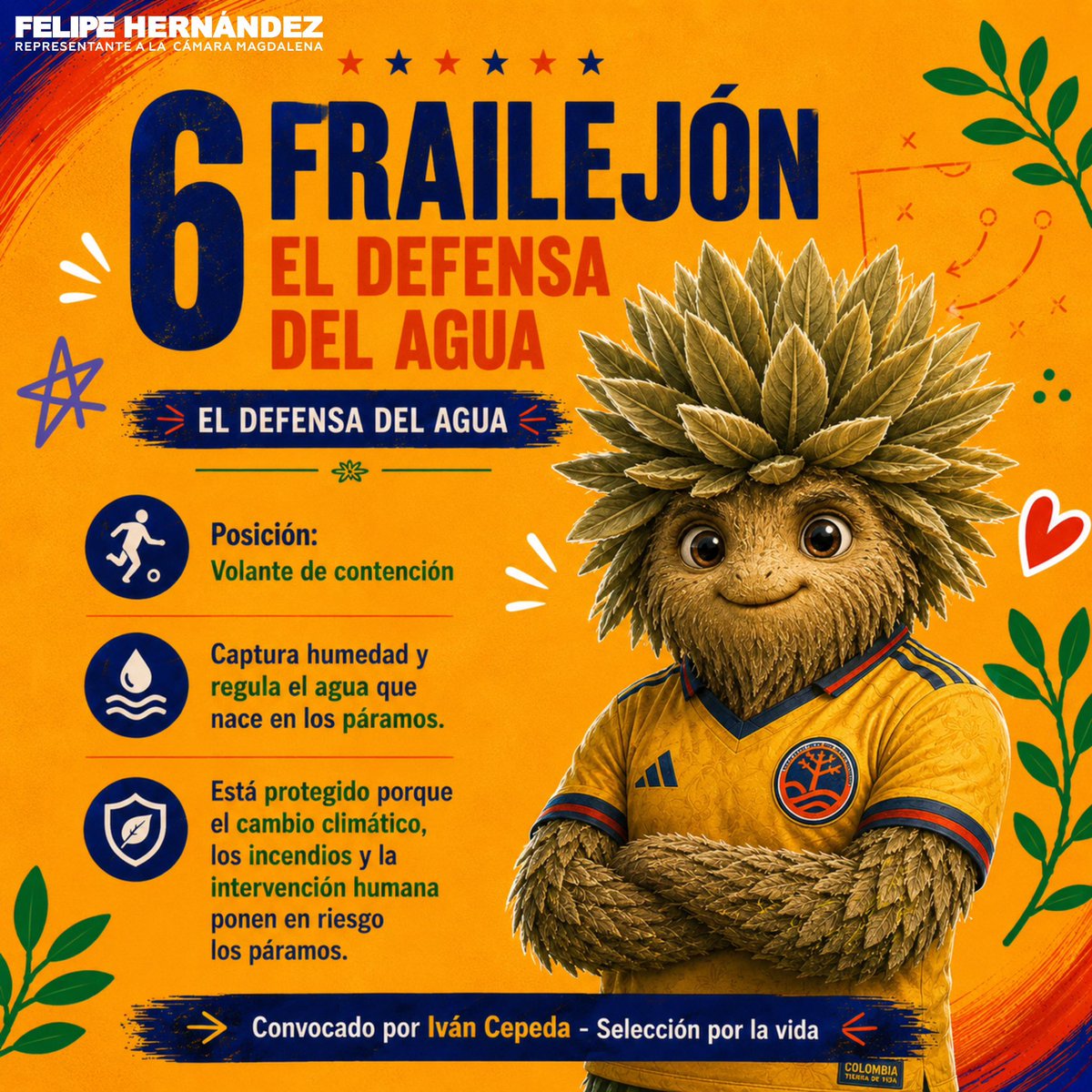Fhernandezpolo's tweet photo. ¡YA SALIÓ LA TITULAR! 🚨🇨🇴

Así formará la Selección por la Vida dirigida por nuestro próximo presidente, Iván Cepeda, un defensor del medioambiente. 💛💙❤️

El oso de anteojos, el frailejón, el delfín rosado, el cóndor de Los Andes y el jaguar, serán los encargados de defender el agua, los bosques y nuestra biodiversidad. No dejes que los exterminen, juégatela por la vida. 🐆🐬🫰🏼

#MeLaJuegoPorLaVida #SeleccionColombia #Petro #PactoHistórico #CepedaPresidente