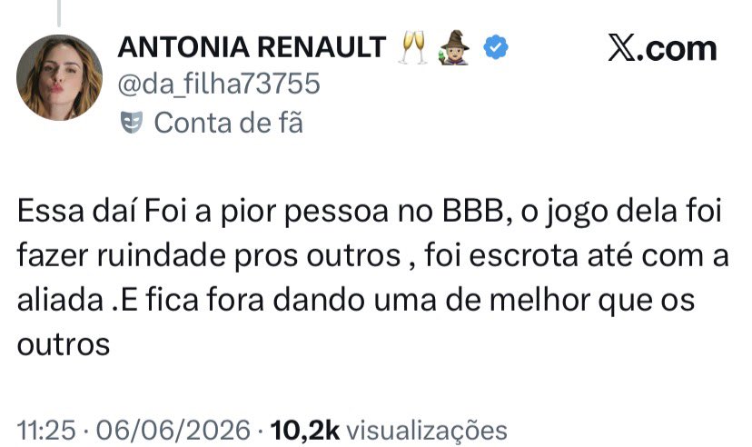 euofah's tweet photo. @RodrigoMar23623 @facaldofa @silvxfavs Olha essa aqui. Disse que a Milena foi a pior pessoa no BBB, e numa edição que teve um assediador. https://t.co/GMIkYljHOe