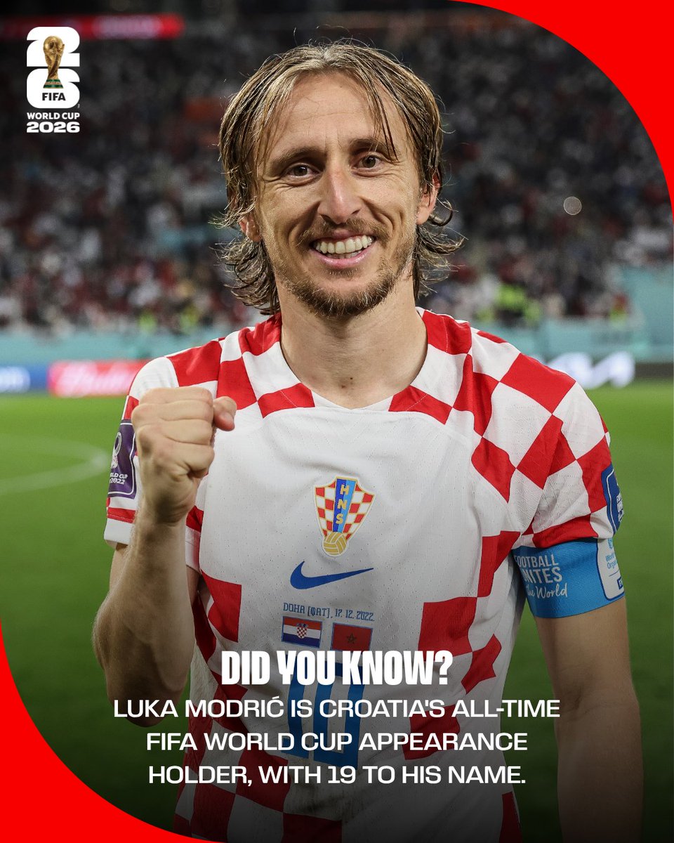 FIFAcom's tweet photo. A Croatian @FIFAWorldCup record-breaker 👏

As well as being his nation's all-time FIFA World Cup appearance holder, Luka Modrić could also reach 200 caps for Croatia at FIFA World Cup 2026 🇭🇷 https://t.co/z8fwNHNgLd