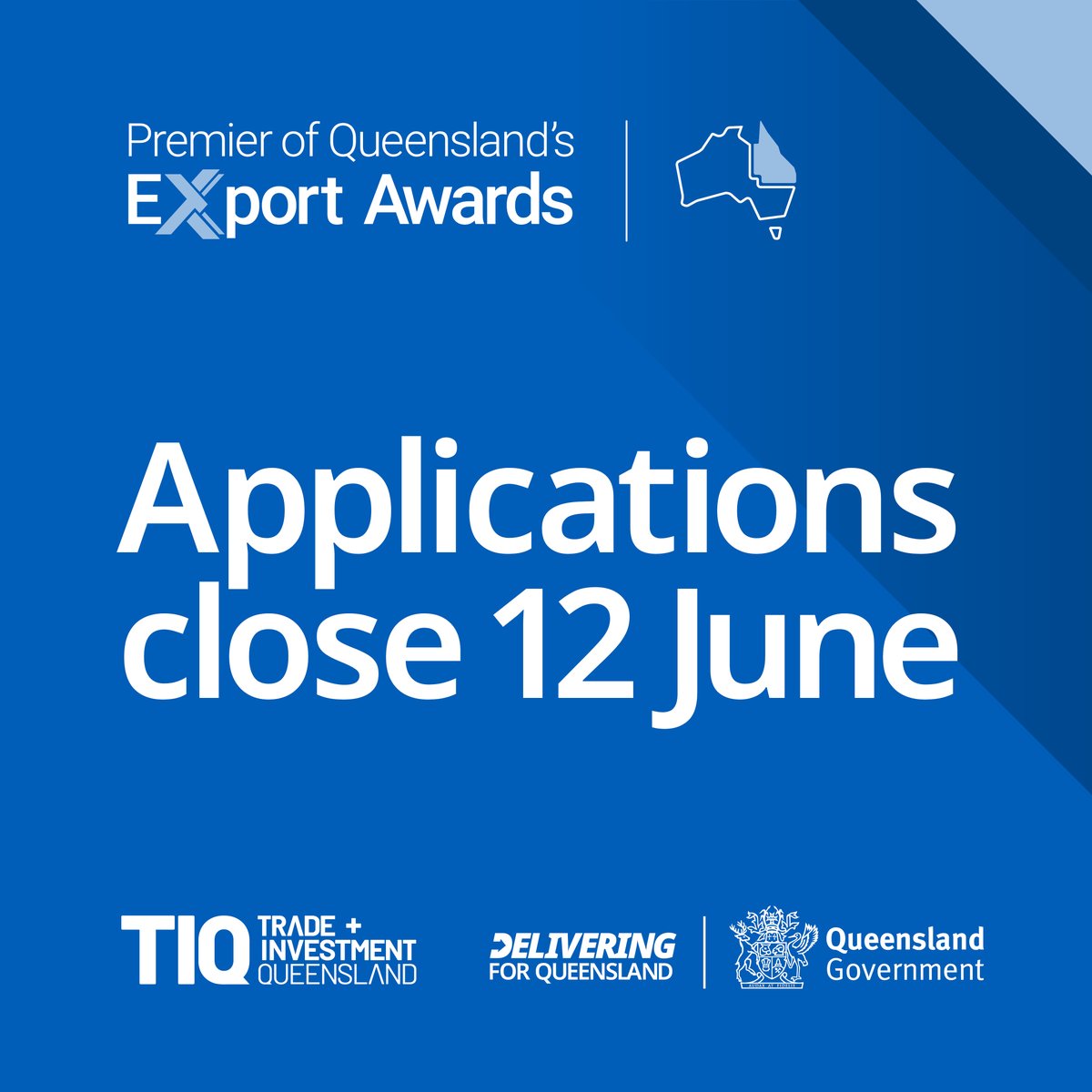 tradeinvestqld's tweet photo. 🚨 Final days to enter 🚨

Time is running out to submit your application for the 2026 Premier of Queensland's Export Awards!

🗓️ Applications close at 11:59pm, this Friday, 12 June 2026.

Apply today 👉 https://t.co/xY2RQZ4tyr

#QLDexportawards #exportawards https://t.co/zFYVic1rX2