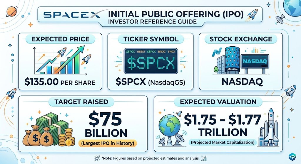 ProfitsTaken's tweet photo. Shareable SpaceX IPO "Cheat Sheet"

Expected Price: $135 per share
Ticker Symbol: $SPCX
Exchange: Nasdaq
Target Raised: $75 billion (largest IPO in history)
Expected Valuation: $1.75 to $1.77 trillion

🗝️Details To Know Before Trading Or Investing

RETAIL ALLOCATION: SpaceX and its underwriters (Goldman Sachs $GS has the lead left position) are planning to allocate an unusually large 30% of the shares to individuals and retail investors.

FINAL PRICE: Trading is set for June 12th but the exact IPO price will likely be set the evening before on June 11th.

BUSINESS DRIVERS: Company valuation combines decades of projected revenue from satellite broadband operations (think Starlink), reusable rocket economics, integrations with xAI technologies and deals with others in the space.

POTENTIAL RISKS: Expectation of extreme volatility on opening day. Demand is expected to be very high with potential broader market implications and a lot of institutional capital moving. Longer term, the multiple on $SPCX is high - always perform due diligence before jumping into any position.