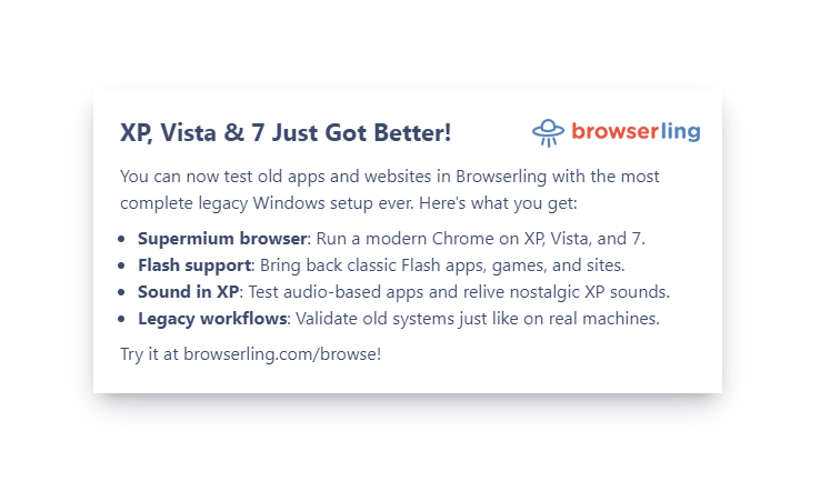 browserling's tweet photo. Legacy browsers and systems just got an update! Flash apps and Java applets now run on Windows XP, Vista, and 7. There's sound on Windows XP and we've installed the Supermium browser (https://t.co/HrgkhFrmVz). Try it all now at https://t.co/ZrVJKuREGw! https://t.co/fcdWqwQZi5