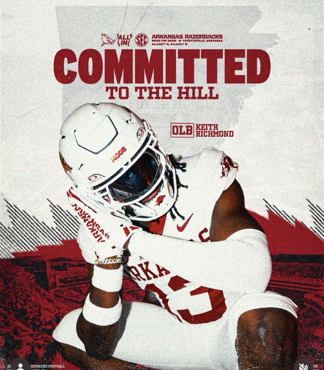 ArkRecuriting94's tweet photo. 🚨Commitment Alert🚨

Arkansas has landed 3⭐️ EDGE Rush Keith Richmond!!! 

Richmond was on campus this weekend and is the 856th overall player and 71st ranked EDGE https://t.co/g0CVow0Kwa