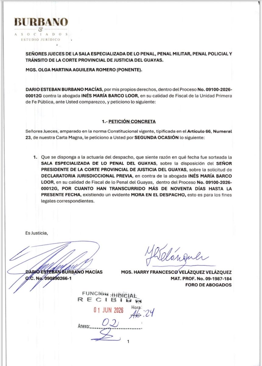 DARBU69's tweet photo. Señora Presidente @mechascaicedo del @CJudicaturaEc 

Señores Vocales 
@_AlfredoCuadros
@MagalyRuizCajas
@DamianLarcoG

@CJGuayas
@CorteGuayas
@FiscaliaEcuador
@DEFENSORIAEC 

Existe un Expediente No. 09100202600012G, con solicitud de Declaratoria Jurisdiccional de "ERROR INEXCUSABLE", en contra de la Fiscal INES MARÍA BARCO LOOR. 

Este expediente fue sorteado a la Sala desde el 19 de febrero del 2026, pero hay una "LOBISTA", que utiliza "INFLUENCIAS" en favor de la denunciada, que es correista y brazo ejecutor de GALO CHIRIBOGA, EX FISCAL GENERAL DEL ESTADO.

Recordemos el "CASO DE QUINSALOMA", de @GaloLaraY
Ella busca a su otra amiga íntima la "MARTINA", con la consigna de que la ayuden, y que le tengan el expediente ahí en el congelador, hasta poder conseguir la "PRESCRIPCIÓN". 

También existe una disposición del Señor Fiscal General del Estado, de que se inicie una investigación por delito de "FRAUDE PROCESAL" en contra de la misma denunciada por este tema disciplinario, y contra mas servidores Judiciales involucrados, es decir por los mismos hechos, se tramita en el DESPACHO DE FUERO PROVINCIAL 1 GUAYAS.

Señores del Consejo de la Judicatura, si quieren acabar con la corrupción, aquí les expongo otro caso comprobado, que la Jueza (PONENTE) OLGA MARTINA AGUILERA ROMERO (CORREISTA), fue compañera de la denunciada INES MARÍA BARCO LOOR (CORREISTA) en la Fiscalía General del Estado, antes de ser Jueza, será esto un caso más de "ESPÍRITU DE CUERPO", entre los servidores Judiciales. 

Cuando Usted quiere demostrar su "INOCENCIA", lo que más desea un denunciado o procesado es la "CELERIDAD PROCESAL", y no mas bien la lentitud en el trámite correspondiente, que busca determinar si existe o no un "ERROR INEXCUSABLE". 

Será acaso, que la denunciada Fiscal INES BARCO LOOR (CORREÍSTA), esta muy preocupada, porque busca jubilarse, y dejar en la impunidad tantos actos que cometió en el pasado, y no ser DESTITUIDA del cargo.

Ahora resulta, que en mi caso que he denunciado, el Juez resolvió "NO ACEPTAR EL ARCHIVO DE LA INVESTIGACION DEL DELITO DE FRAUDE PROCESAL" por una supuesta "PRESCRIPCIÓN", en contra del sospechoso EDUARDO ALFONSO RAFFO CAMPOS. 

Y el Juez dejo en claro que ninguno de los "2 DELITOS ESTÁN AÚN PRESCRITOS", es decir esta Fiscal INES BARCO LOOR boicoteo 6 veces la AUDIENCIA DE FORMULACIÓN DE CARGOS hasta conseguir que la Fiscalía "ARCHIVE" el caso. 

Esto es "CORRUPCIÓN JUDICIAL", estas ARTIMAÑAS y PATRAÑAS, son las que hacen siempre estos funcionarios Judiciales corruptos, para de esta forma poder archivar, abstenerse, desestimar o prescribir causas y conseguir dar de baja a expedientes administrativos. 

👇 ONUS PROBANDI 👇