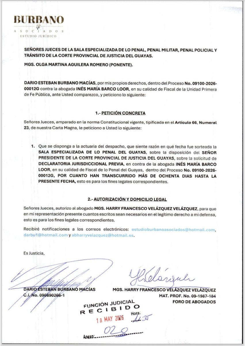 DARBU69's tweet photo. Señora Presidente @mechascaicedo del @CJudicaturaEc 

Señores Vocales 
@_AlfredoCuadros
@MagalyRuizCajas
@DamianLarcoG

@CJGuayas
@CorteGuayas
@FiscaliaEcuador
@DEFENSORIAEC 

Existe un Expediente No. 09100202600012G, con solicitud de Declaratoria Jurisdiccional de "ERROR INEXCUSABLE", en contra de la Fiscal INES MARÍA BARCO LOOR. 

Este expediente fue sorteado a la Sala desde el 19 de febrero del 2026, pero hay una "LOBISTA", que utiliza "INFLUENCIAS" en favor de la denunciada, que es correista y brazo ejecutor de GALO CHIRIBOGA, EX FISCAL GENERAL DEL ESTADO.

Recordemos el "CASO DE QUINSALOMA", de @GaloLaraY
Ella busca a su otra amiga íntima la "MARTINA", con la consigna de que la ayuden, y que le tengan el expediente ahí en el congelador, hasta poder conseguir la "PRESCRIPCIÓN". 

También existe una disposición del Señor Fiscal General del Estado, de que se inicie una investigación por delito de "FRAUDE PROCESAL" en contra de la misma denunciada por este tema disciplinario, y contra mas servidores Judiciales involucrados, es decir por los mismos hechos, se tramita en el DESPACHO DE FUERO PROVINCIAL 1 GUAYAS.

Señores del Consejo de la Judicatura, si quieren acabar con la corrupción, aquí les expongo otro caso comprobado, que la Jueza (PONENTE) OLGA MARTINA AGUILERA ROMERO (CORREISTA), fue compañera de la denunciada INES MARÍA BARCO LOOR (CORREISTA) en la Fiscalía General del Estado, antes de ser Jueza, será esto un caso más de "ESPÍRITU DE CUERPO", entre los servidores Judiciales. 

Cuando Usted quiere demostrar su "INOCENCIA", lo que más desea un denunciado o procesado es la "CELERIDAD PROCESAL", y no mas bien la lentitud en el trámite correspondiente, que busca determinar si existe o no un "ERROR INEXCUSABLE". 

Será acaso, que la denunciada Fiscal INES BARCO LOOR (CORREÍSTA), esta muy preocupada, porque busca jubilarse, y dejar en la impunidad tantos actos que cometió en el pasado, y no ser DESTITUIDA del cargo.

Ahora resulta, que en mi caso que he denunciado, el Juez resolvió "NO ACEPTAR EL ARCHIVO DE LA INVESTIGACION DEL DELITO DE FRAUDE PROCESAL" por una supuesta "PRESCRIPCIÓN", en contra del sospechoso EDUARDO ALFONSO RAFFO CAMPOS. 

Y el Juez dejo en claro que ninguno de los "2 DELITOS ESTÁN AÚN PRESCRITOS", es decir esta Fiscal INES BARCO LOOR boicoteo 6 veces la AUDIENCIA DE FORMULACIÓN DE CARGOS hasta conseguir que la Fiscalía "ARCHIVE" el caso. 

Esto es "CORRUPCIÓN JUDICIAL", estas ARTIMAÑAS y PATRAÑAS, son las que hacen siempre estos funcionarios Judiciales corruptos, para de esta forma poder archivar, abstenerse, desestimar o prescribir causas y conseguir dar de baja a expedientes administrativos. 

👇 ONUS PROBANDI 👇