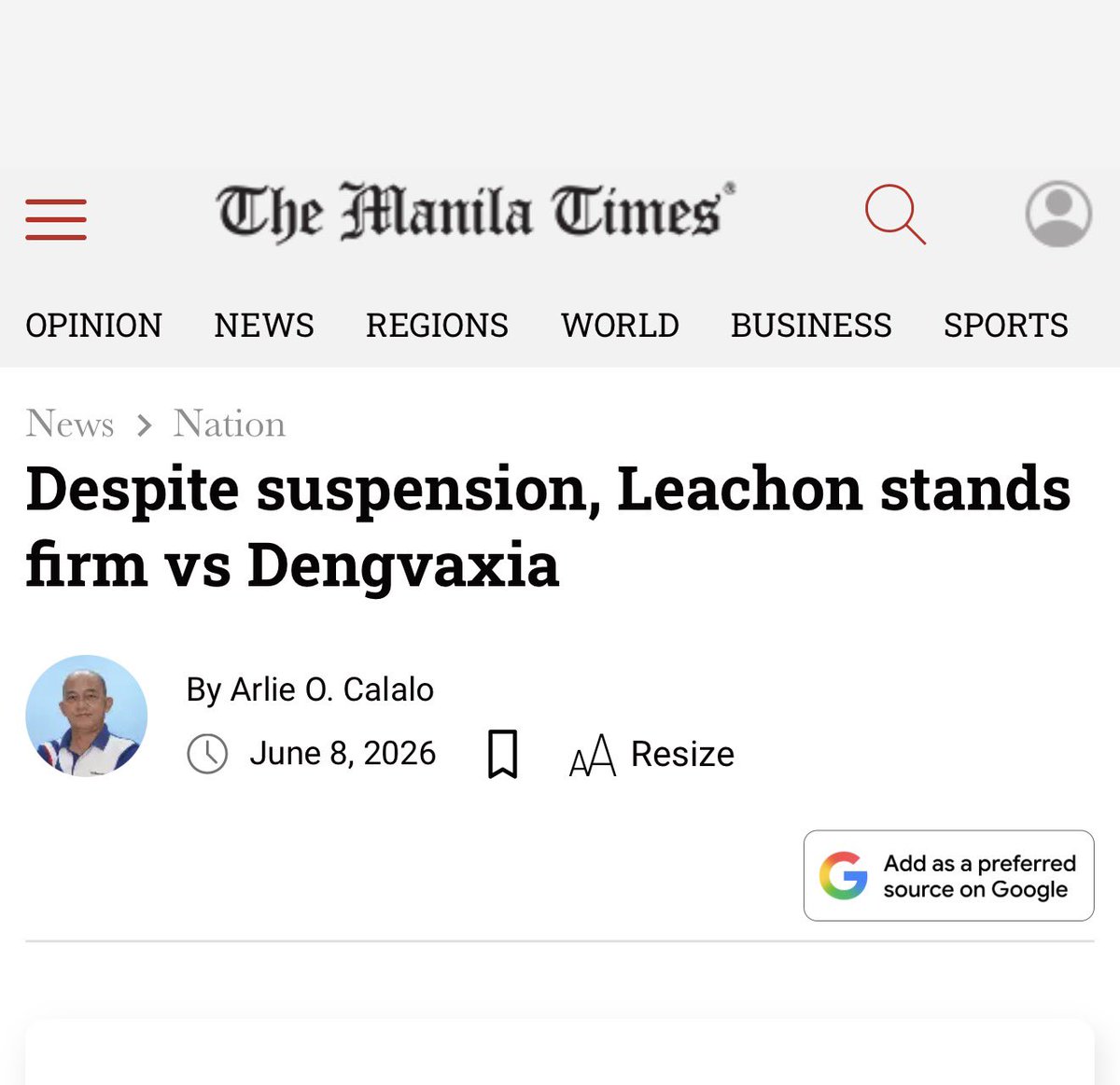 DrTonyLeachon's tweet photo. SUSPENDED Dr. Anthony "Tony" Leachon on Sunday said that he would not be silenced by the disciplinary action imposed against him by the Philippine College of Physicians (PCP) as he vowed to continue “telling the truth and fulfilling my responsibilities” in connection with the cases, stemming from the use of anti-dengue vaccine Dengvaxia on schoolchildren, filed before a Quezon City trial court.

“My participation has never been about personalities or politics. It has always been about accountability, transparency, and respect for the families who continue to seek answers,” Leachon, who is a top prosecution witness, told The Manila Times via Viber.

“Recent developments, including the public circulation of a disciplinary decision issued by PCP against me, should not distract us from the central issue: Dengvaxia cases are finally moving forward before the courts after years of delay,” said Leachon, a known public health advocate and a former Health Department official.

He believed that Dr. Kenneth Go, a former Health undersecretary, was not solely responsible for the filing of ethics complaints against him before the PCP.

“This is not accurate. Dr. Go served as spokesperson for the complainants, who also included other respondents in the pending Dengvaxia cases, among them (Iloilo) Rep. Janette Garin and former Department of Health officials facing criminal and civil cases arising from the Dengvaxia controversy,” he said.

https://t.co/qUp6Wvt4Sp

Tony Leachon