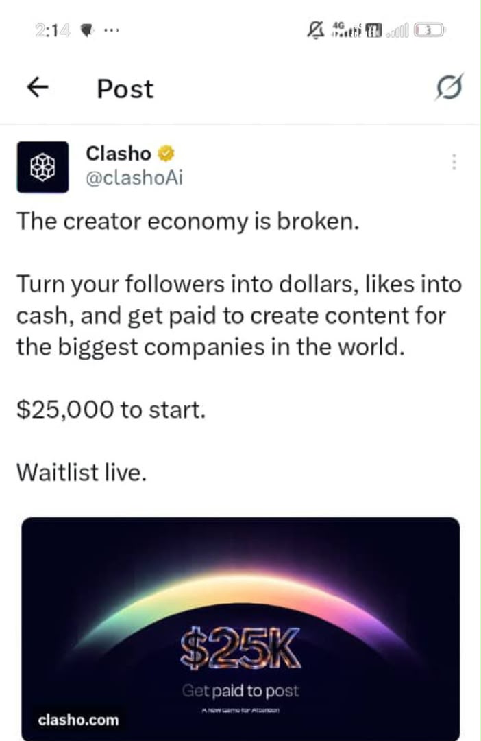 d_wealthyspace's tweet photo. Clasho AI is about to print

🏷 Rewards 25,000 $USDT To Share

Join : 
https://t.co/kONpiaAItK

➖ Connect With your X

And follow them 

https://t.co/0WTqP62Eea https://t.co/r85NiJcjyF
