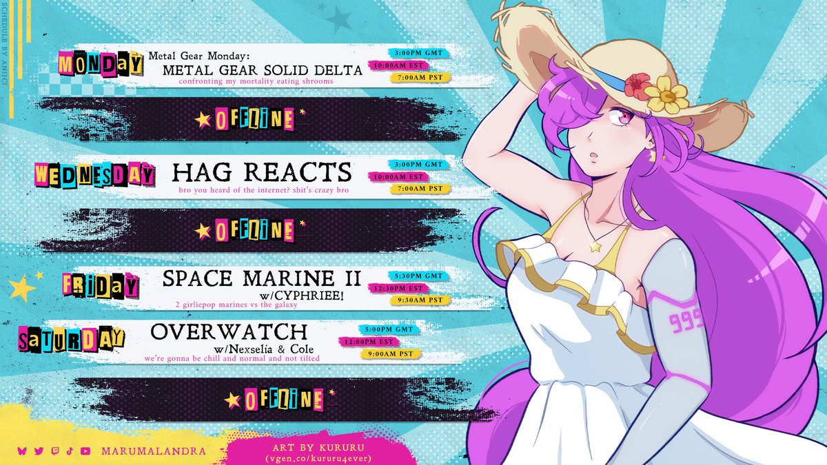 MaruMalandra's tweet photo. 👊THIS WEEK'S SCHEDULE👊

<<june 08th - 14th>>

🐍 EATING SNEK IN METAL GEAR
📽️ HAG REACTS: ohhh me old bones
👩‍🚀 SPACE MARINE II w/ @cyphriee 
🔫 OVERWATCH w/ @NexseliaVT 

shooty bang bang collabos in the summer sun~

🎨: @kururu4ever https://t.co/3aWPgFLFZk