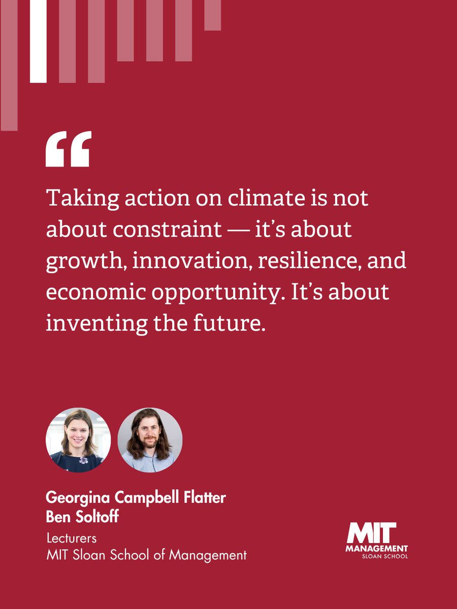 MITSloan's tweet photo. In a new opinion piece, Greentown Labs’ Georgina Campbell Flatter and Ben Soltoff of the MIT Sloan School of Management argue that climate leadership and economic competitiveness are not opposing priorities — they are increasingly interconnected. 

Learn more: https://t.co/0E1eQ3ltxf