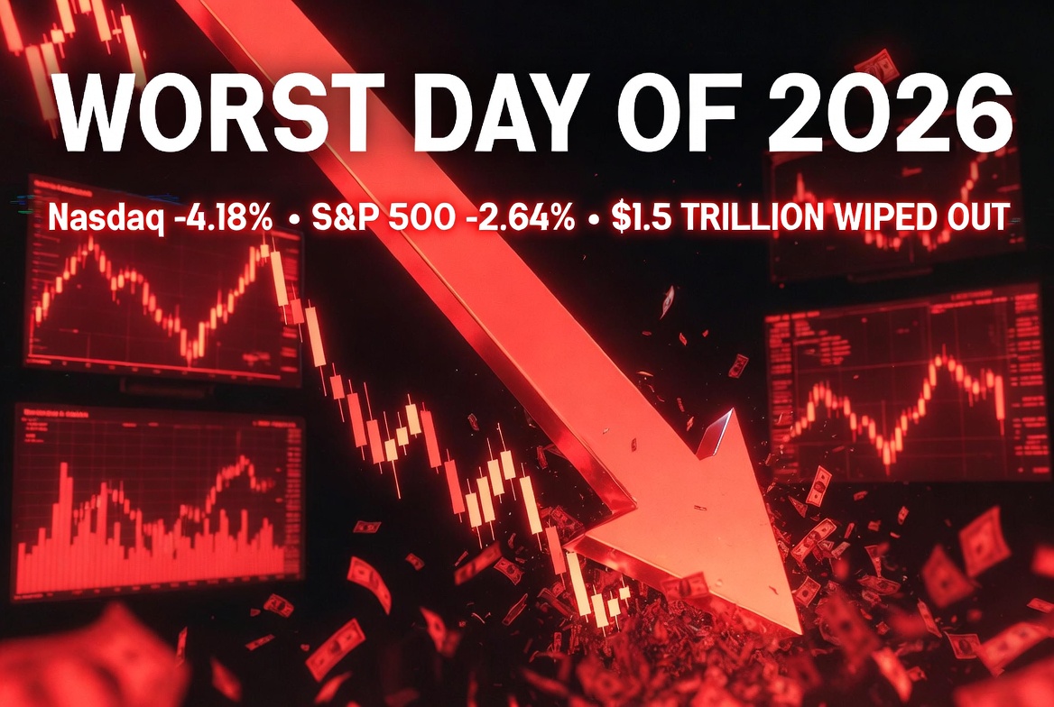 BobMute2's tweet photo. 📉📈Markets just had their worst day of 2026 on Friday. 
Nasdaq got absolutely hammered (-4.18%), S&P 500 dropped 2.64%, and roughly $1.5 trillion in market value vanished in one session.

If you saw those all-red stock boards and thought “what the hell happened?” - you’re not alone. Let’s break it down simply. 👇🧵