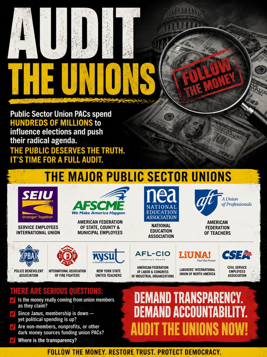 SenecaSpeaks21's tweet photo. If someone conducted a real forensic audit of public-sector union PACs and traced where the money actually comes from, the results would be explosive.

Since Janus, unions like SEIU have lost substantial membership. Yet we are expected to believe their political contributions keep growing because members are suddenly donating more? Anyone who has worked inside a union and spent years trying to persuade members to contribute to a PAC knows how implausible that sounds.

The public deserves transparency. Union members deserve transparency.

Audit the Unions. Follow the money. Let the facts speak for themselves.