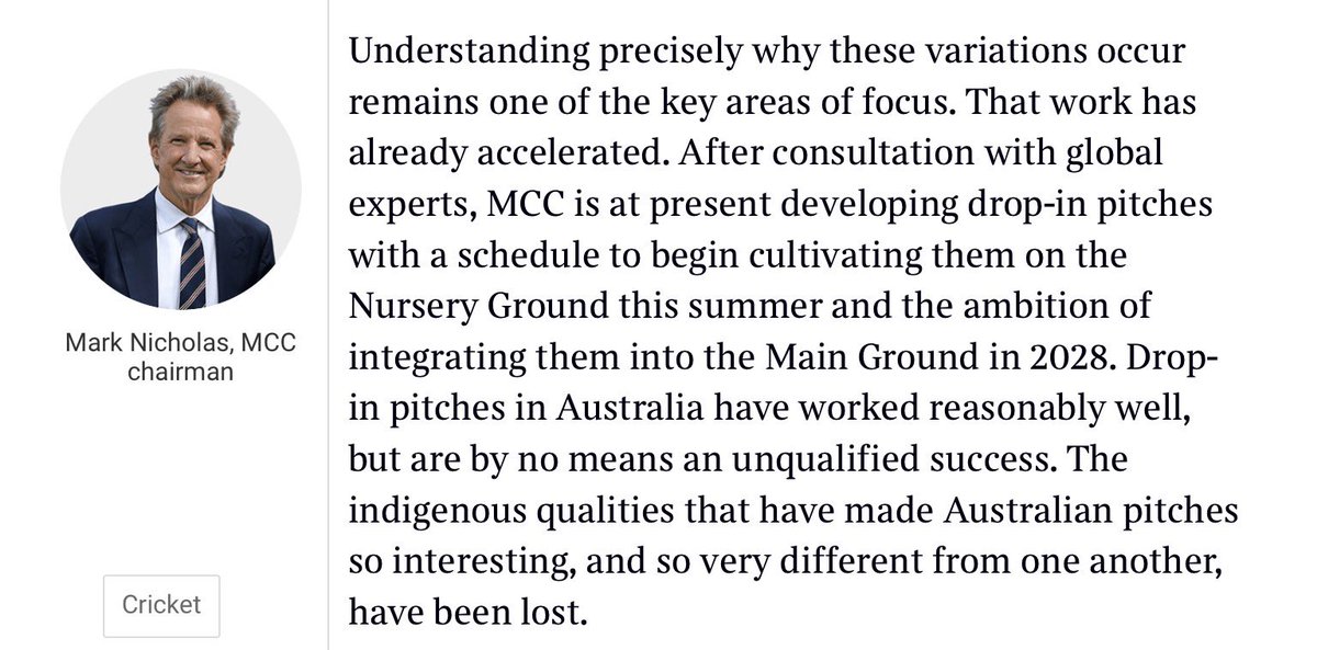 AlisonMitchell's tweet photo. Drop-in pitches at Lord’s from 2028. Key extract from MCC Chair Mark Nicholas, writing in @TimesSport. Have since read article by @NickFriend1 @TheCricketerMag from Feb that goes into this. https://t.co/4smAluz6uq