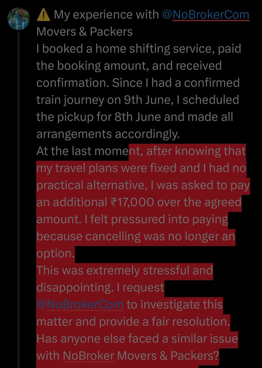 salmani09's tweet photo. Fraud alert @nobrokercom Movers &amp; Packers
I booked my home shifting service, paid the agreed amount, and received confirmation. Since my train journey was already fixed, I had no option to cancel.Very disappointing experience. Has anyone else faced this?
#NoBroker #ConsumerRights https://t.co/QkzGXUO9De