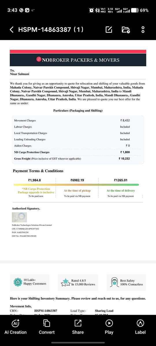 salmani09's tweet photo. Fraud alert @nobrokercom Movers &amp; Packers
I booked my home shifting service, paid the agreed amount, and received confirmation. Since my train journey was already fixed, I had no option to cancel.Very disappointing experience. Has anyone else faced this?
#NoBroker #ConsumerRights https://t.co/QkzGXUO9De