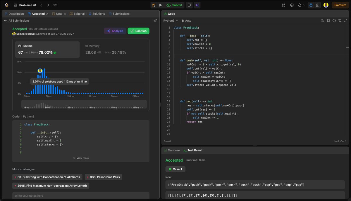 SemiloreId's tweet photo. Day 158/365 ✅

Question: Maximum Frequency Stack (Leetcode 895) - Hard 🔴
https://t.co/7G5zRrIgwV

Solution
https://t.co/88cgk8K2la

Apprpoach
It was hard to come up with the intuition to use the stack. Explainer linked https://t.co/R930HqI7bB