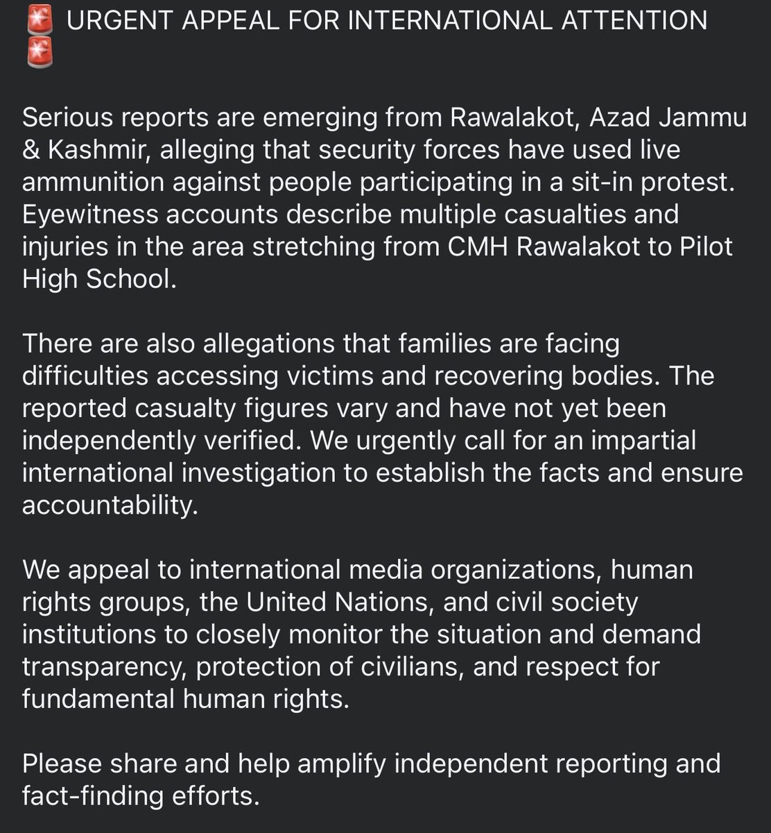 Saleem_Ahsin07's tweet photo. 🚨 URGENT APPEAL FOR INTERNATIONAL ATTENTION 🚨

#Rawalakot #AJK #AzadKashmir #HumanRights #HumanRightsViolations #Justice #CivilianProtection #FreedomOfAssembly #FreedomOfSpeech #PressFreedom #InternationalInvestigation #HumanRightsWatch #AmnestyInternational #UNHumanRights https://t.co/R0iIbou1CO