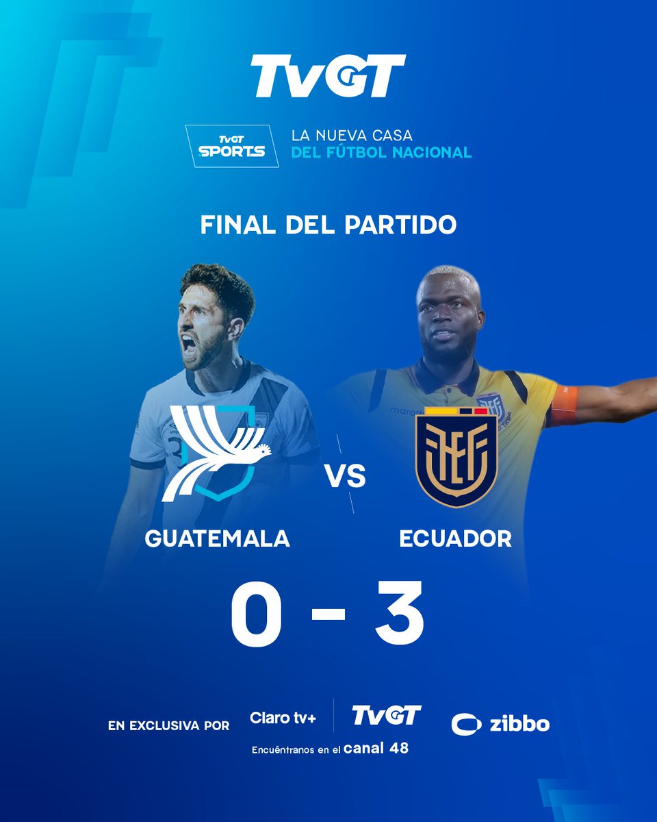 TVGTNoticias's tweet photo. 🏁 Final del partido.

Con una nueva derrota, la Selección de Guatemala cierra su gira por Estados Unidos tras caer ante Ecuador en el partido de fogueo.

🇬🇹 Guatemala 0 - 3 Ecuador 🇪🇨

📺 La transmisión la llevamos EN EXCLUSIVA por TVGT Sports, la nueva casa del fútbol nacional.

Disponible en:
Claro tv+ | TVGT | Zibbo
📍 Encuéntranos en el canal 48

#TVGTSports #GuatemalaVsEcuador #SelecciónNacional #FútbolGT #LaNuevaCasaDelFútbolNacional