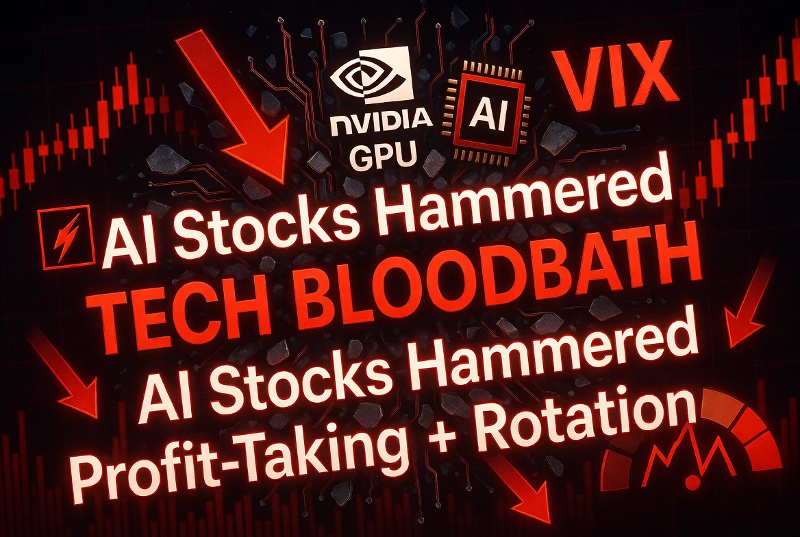 BobMute2's tweet photo. This wasn’t a random crash.
Tech and AI stocks led the bloodbath. Nvidia, Broadcom, semis - all took heavy losses. The Nasdaq’s move was its worst single day in over a year.

VIX (fear index) spiked hard. After weeks of nonstop gains, the market finally took a big breath and sellers took control. Classic profit-taking + sector rotation in action.