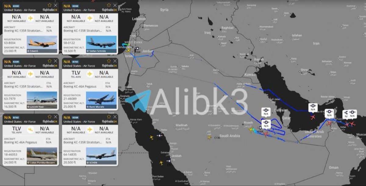 Stevezap's tweet photo. 8 American refueling aircraft are currently flying over the Middle East. https://t.co/bu4SZKsH2P