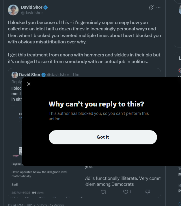 AndrewCFollett's tweet photo. David Shor blocked me...and I made fun of him for it...and the fact that his opinion was laughably dumb.

He then unblocked me to cry about it...

And I made fun of him for that too.

He called me mean and blocked me...

Again.

These people are just comedically weak. https://t.co/e14bs13HLm