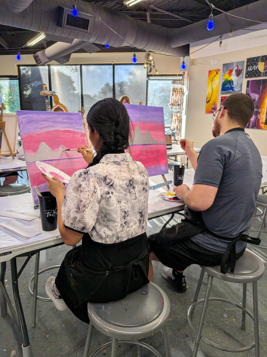 PWATFortCollins's tweet photo. These Twilight Mountain Cherry Blossoms have our jaws dropped! 🌸⛰️🎨

Such a beautiful and ethereal painting, with the most calming, dreamy vibes. From soft blossoms to glowing mountain skies, every artist captured this scene so perfectly.

We’re completely in awe of how... https://t.co/KZJua1gq1m