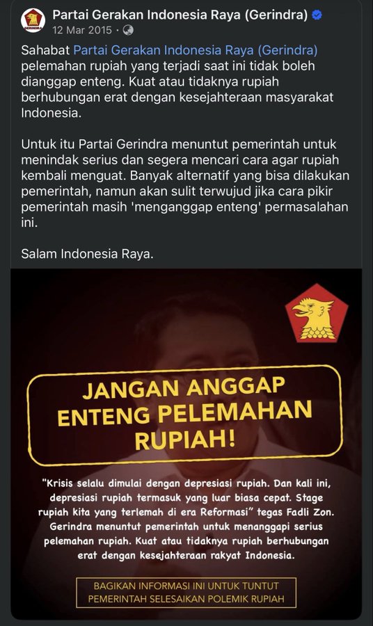 MasMoen72's tweet photo. Ternyata @Gerindra objektif juga terkait jebloknya rupiah ya  pak @prabowo https://t.co/uIKip6bKD6