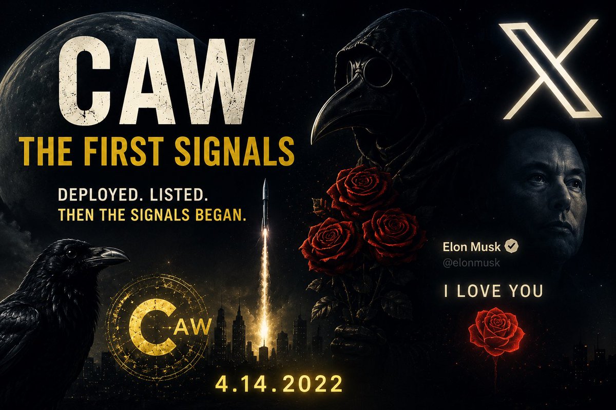 cawdecoded's tweet photo. The First Signals

Strange Coincidences Began Appearing Immediately After CAW Launched

On April 14, 2022, CAW (A Hunter’s Dream) quietly appeared on Ethereum.

There was no major marketing campaign.

No public founder.

No interviews.

No promises.

And yet, within roughly 48 hours, the token was rapidly listed across multiple exchanges — something highly unusual for an anonymous project with almost no public exposure.

But what drew even more attention later was not only the launch itself.

It was what happened around it.

Just after CAW entered the market, several events began appearing that many community members would later revisit and question.

One of the most discussed moments came from Elon Musk.

Shortly after the CAW deployment period, Elon posted a cryptic “I LOVE YOU” message accompanied by imagery associated with roses.

For most people, it was simply another abstract Elon post.

But inside the CAW community, attention quickly turned toward CAW’s earliest visual identity.

The original CAW artwork featured a dark plague doctor figure alongside three red roses — a design that would later become one of the project’s most recognizable early symbols.

Of course, none of this proves a direct connection.

That distinction is important.

But the timing, symbolism, and sequence of events became difficult for some observers to completely ignore.

At the same time, Elon Musk was aggressively moving toward the Twitter acquisition that would eventually transform the platform into X.

Years later, when people began studying the timeline surrounding decentralized identity, payments, and blockchain-based social infrastructure, these early CAW events started resurfacing again.

Another unusual detail was the behavior of the market itself.

Most meme coins struggle for visibility after launch.

CAW moved differently.

The speed of exchange listings, the lack of traditional promotion, and the unusual structure of the deployment created an atmosphere that felt less like a standard meme launch — and more like the beginning of something intentionally designed to remain unexplained.

Whether coincidence or not, the timeline surrounding CAW continued to grow stranger.

And this was only the beginning.

In the next article, we will examine the hidden messages, wallet activity, and the mysterious encrypted clue left behind by the deployer shortly after launch.