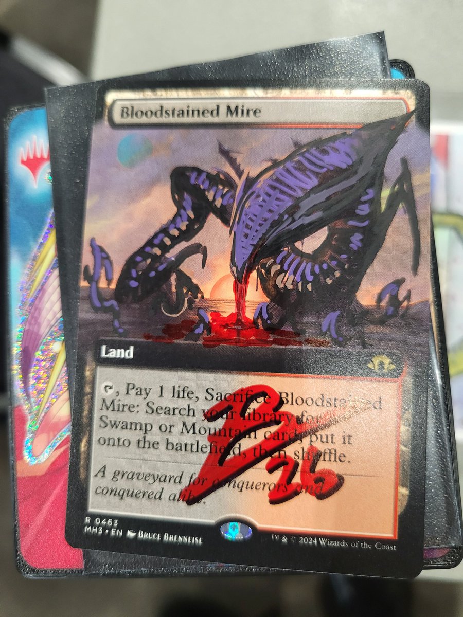 DocPhantasm's tweet photo. #MtgAlter of bloodstained mire.
by the wonderfully great @Brucedraws 
Turned a phyrexian paradise into a #Sliver one. This mother feeds her hungry children as they claim more territory.
I've been getting cards signed by this mtg champion for awhile and happy to own my first alter https://t.co/mudGd7vFOh