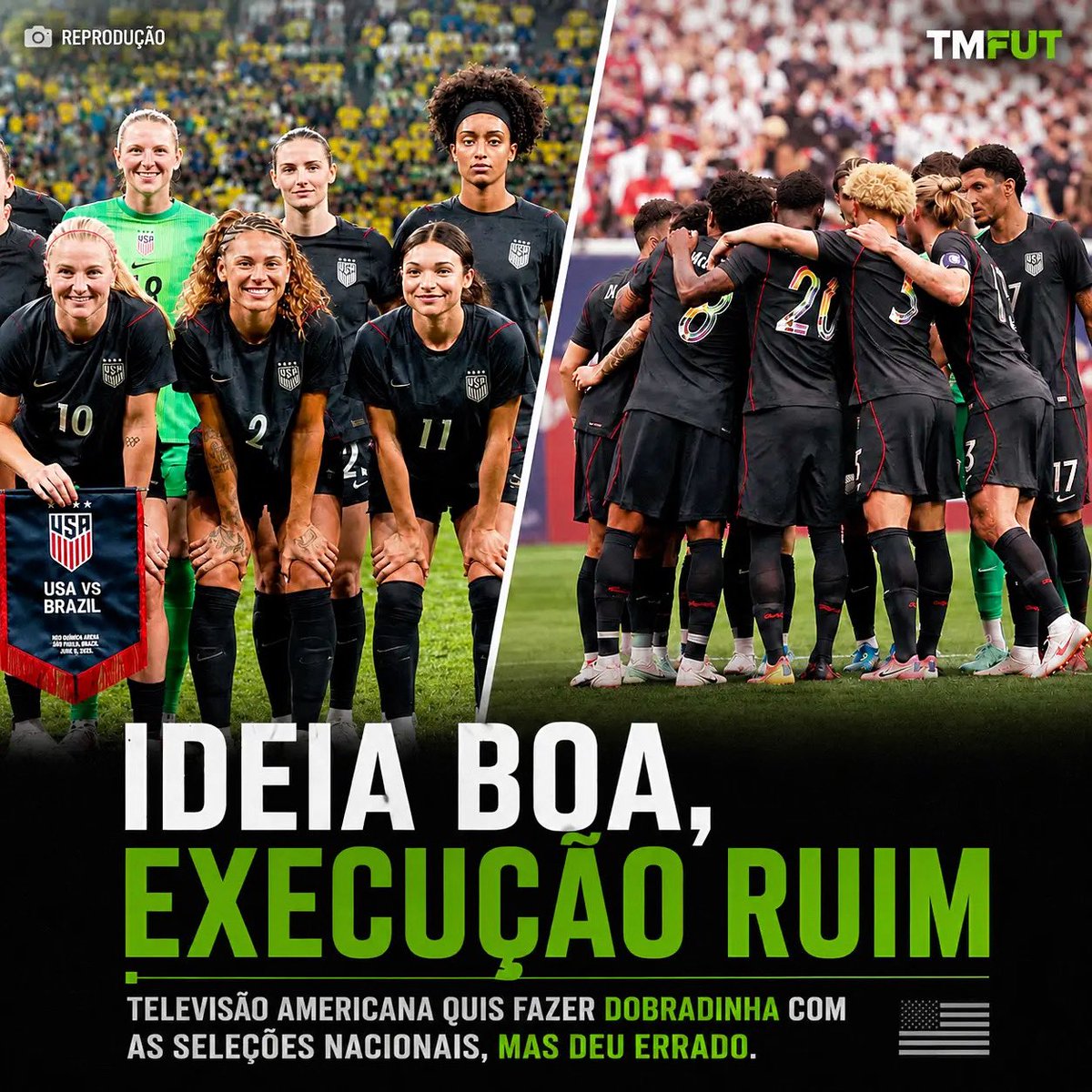 oficialtmfut's tweet photo. QUE PENA 😆

A televisão americana impôs que a seleção feminina de futebol jogasse contra a Seleção Brasileira às 18h30, na Neo Química Arena, em São Paulo, no último sábado (6). 

Muitos torcedores brasileiros questionaram o fato, já que às 19h começou o jogo da seleção brasileira masculina, contra o Egito, chocando os horários e, claro, por tudo o que já sabemos, acabando por esconder as meninas, que venceram as americanas por 2 a 1, com gols de Tainá Maranhão e Bia Zaneratto. 

O verdadeiro motivo é que a terra do Tio Sam quis fazer uma dobradinha com as duas seleções nacionais, já que os homens enfrentaram a Alemanha às 15h30, horário de Brasília, e também perderam por 2 a 1. 

O fato fez com que a frustração tomasse conta do país do Soccer, que não amargava derrotas de seus dois times nacionais de futebol no mesmo dia desde 1993. 😬

Que pena… 😆
