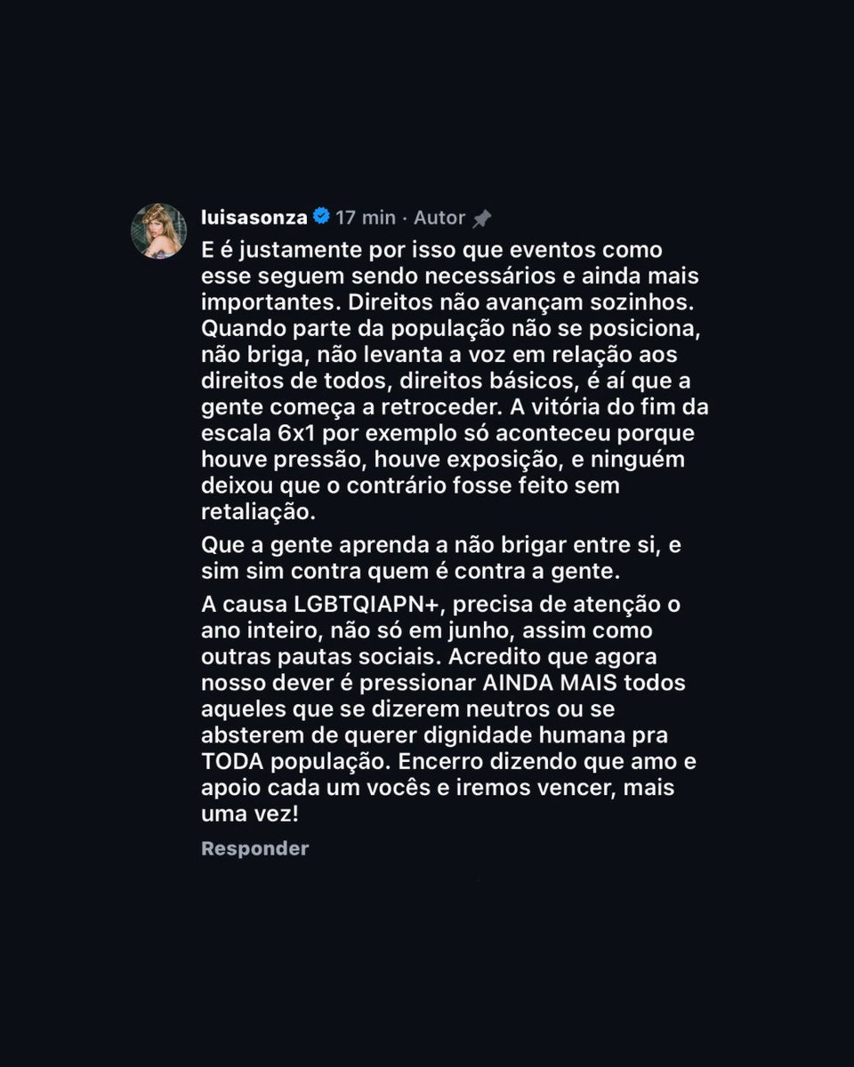 MundaoSonza's tweet photo. Luísa Sonza, que esteve presente hoje na Parada LGBTQIA+ via postagem no Instagram:

“É justamente por isso que eventos como esse seguem sendo necessários. […] Direitos não avançam sozinhos. Quando parte da população não se posiciona, não briga, não levanta a voz em relação aos direitos de todos […], a gente começa a retroceder…

A causa LGBTQIAPN+ precisa de atenção e ano inteiro, não só em junho…”