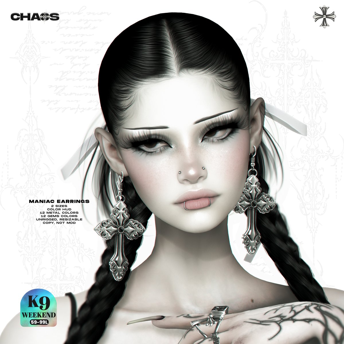 satan_CHAOS's tweet photo. K9 Weekend sale 
♱ CHAOS. maniac earrings ♱  
Color HUD, unrigged, resizable, copy not mod. https://t.co/qyPKqWWwEd https://t.co/PQEgZFmTZh