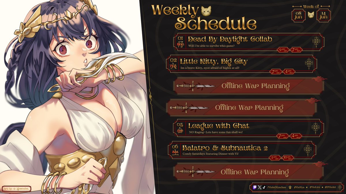 VioletNyachan's tweet photo. ✧ Weekly Schedule ✧
🗓️June 08 → 14
Another fun week is starting~
Hope to see more of my dear Konekotachis!
🟣https://t.co/Fy9JpR5NYo
#VioNya | #VioLive | #DVioArt https://t.co/GFeYkOOvRo