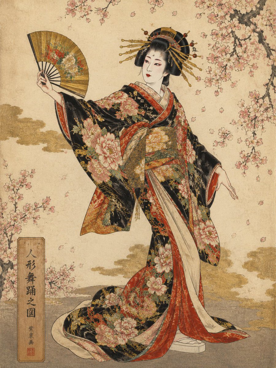 polyxphony's tweet photo. Inspired by a scene from Taishu Engeki.

The dance begins with a living doll.
Perfectly still.
Then she starts to breathe.

#Ukiyoe
#Onnagata
#AITokaidoRoadTrip https://t.co/hs08tmWsNX
