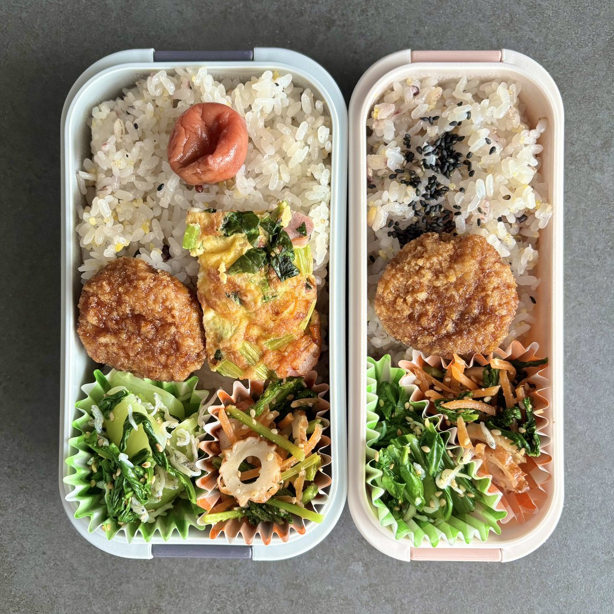 tumaotogohan's tweet photo. 今日のお弁当
・メンチカツ
・小松菜チーズオムレツ
・青梗菜とちりめんのナムル
・からし菜とちくわの胡麻和え

#旦那ごは��　#旦那弁当　#嫁弁当 https://t.co/svqFHj2ejP