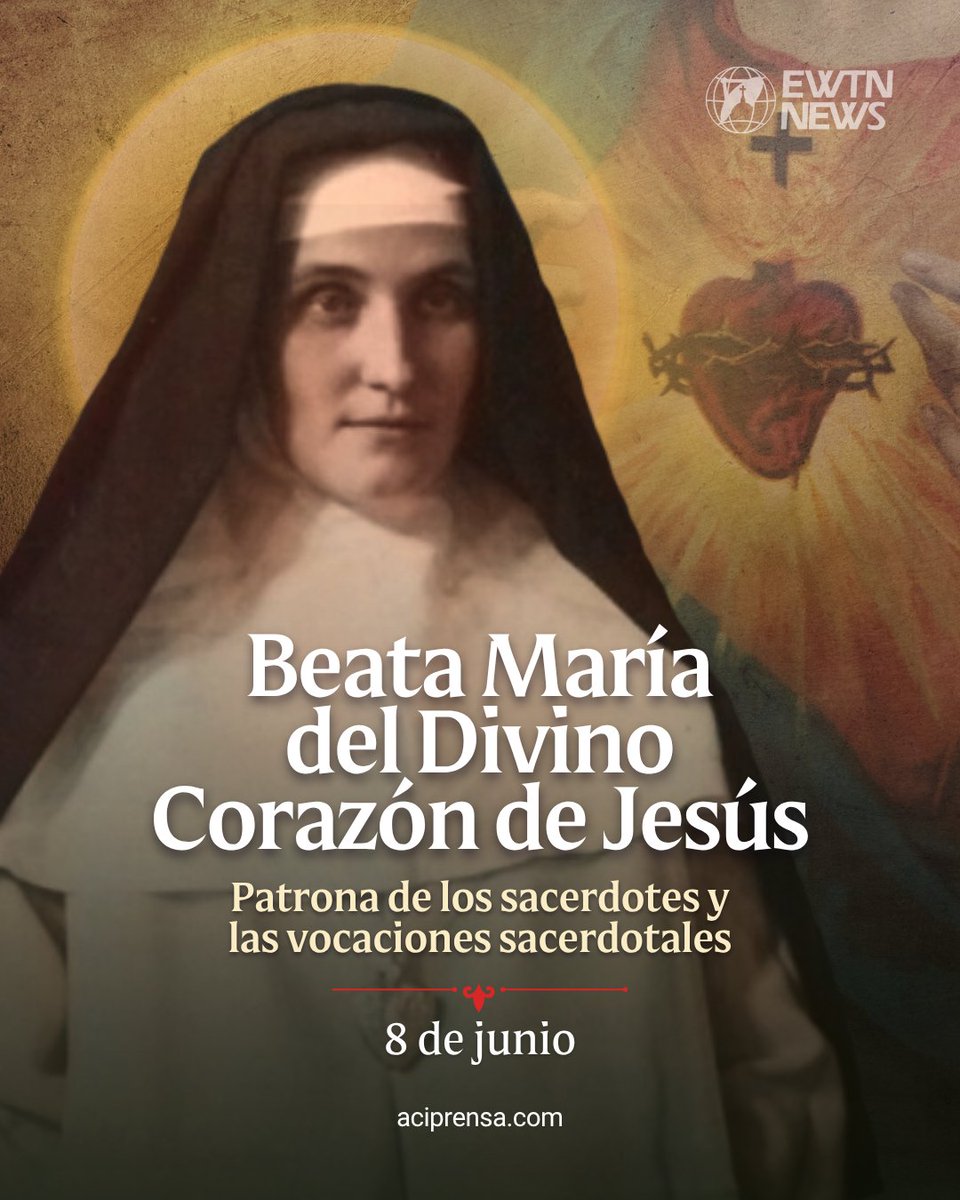 aciprensa's tweet photo. Cada 8 de junio recordamos a la Beata María del Divino Corazón, apóstol del Sagrado Corazón de Jesús❤️‍🔥

Hoy la Iglesia recuerda a la Beata María del Divino Corazón (1863-1899), religiosa alemana de la Congregación de Nuestra Señora de la Caridad del Buen Pastor, cuya vida estuvo marcada por un profundo amor al Sagrado Corazón de Jesús.

Nacida en Münster, Alemania, en el seno de una familia católica noble, desde joven sintió el llamado de Dios. A los 15 años, tras escuchar un sermón sobre el amor total a Dios, comprendió que su vocación era la vida religiosa. Más adelante escribiría una frase que reflejó toda su entrega: “Es imposible resistirse a la voz de Dios”.

Su espiritualidad se centró en el amor y la reparación al Corazón de Jesús. En 1888 ingresó a la Congregación del Buen Pastor y tomó el nombre de Sor María del Divino Corazón. Durante su vida afirmó recibir inspiraciones interiores que la impulsaron a promover la devoción al Sagrado Corazón.

Su misión más importante fue escribir al Papa León XIII para transmitirle el pedido de consagrar el mundo entero al Sagrado Corazón de Jesús. Tras estudiar cuidadosamente la solicitud, el Pontífice aceptó y publicó en 1899 la encíclica Annum Sacrum, considerando esta consagración como la decisión más importante de su pontificado.

Sor María no llegó a presenciar aquel acontecimiento histórico. Falleció el 8 de junio de 1899 en Oporto, Portugal, después de varios años de enfermedad. Apenas tres días después, el Papa realizó la solemne consagración del mundo al Sagrado Corazón de Jesús.

En 1975 fue beatificada por San Pablo VI y hoy es recordada como una gran apóstol de la misericordia y del amor del Corazón de Cristo, ejemplo de obediencia, fe y entrega total a la voluntad de Dios.

🙏 “Sin espíritu de sacrificio, el amor al Corazón de Jesús es solo una ilusión”.