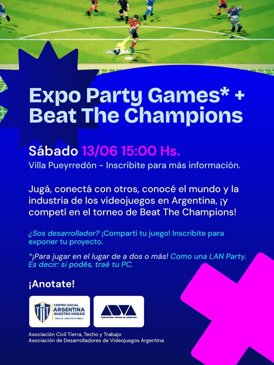 adva_vg's tweet photo. 🎮⚽ ¡TTT organiza junto a ADVA una Expo de Party Games y torneo de #BeatTheChampions!

➡ ¿Te interesan los juegos? Jugá, conectá con otros, ¡y competí en el torneo!

➡ ¿Sos desarrollador? ¡Traé tu juego!

(1/2)

#ADVA
#Videojuegos
#Argentina
#TierraTechoTrabajo
#Comunidad https://t.co/5yYbvLkjjY