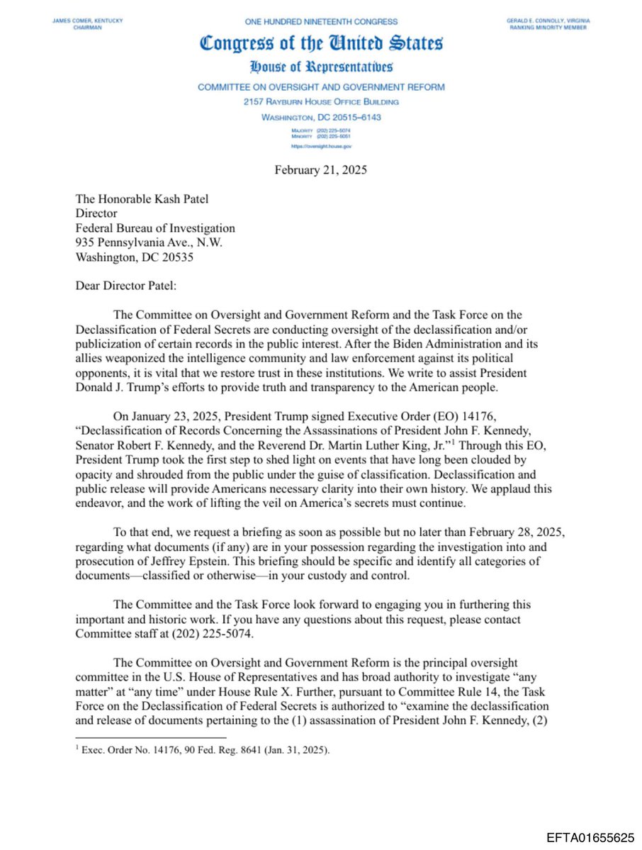 epsteinsearchin's tweet photo. House Oversight says the Epstein probe is expanding. New subpoenas.

In February 2025, this same committee sent FBI Director Patel a letter demanding every Epstein document in the bureau's possession.

Sixteen months later. Still demanding the same files. https://t.co/M957cyIfKx