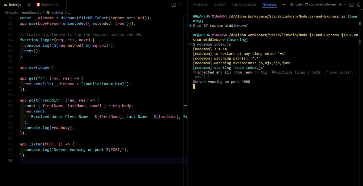 ALPHASTUDIOCODE's tweet photo. π₯ Day 07 of learning Node.js!
Today I learned how to write a simple custom middleware to process data coming from the frontend before sending it to different backend routes.
Another step forward. See you guys out there! π
#WebDevelopment #ZeroToDeployment #Nodejs https://t.co/9OD6GmsQR5