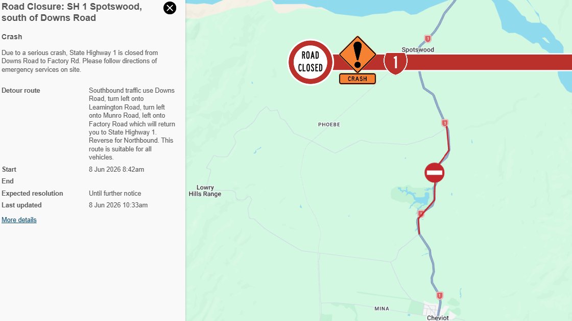 nztacwc's tweet photo. UPDATE 10:40AM
SH1 remains CLOSED between Downs Rd to Factory Rd. New detour suitable for ALL vehicles
SB traffic to right onto Downs Rd, turn left onto Leamington Rd, turn left onto Munro Rd, then left onto Factory Rd and back onto SH1. Reverse for NB traffic. ^JP https://t.co/AFusHzorYl