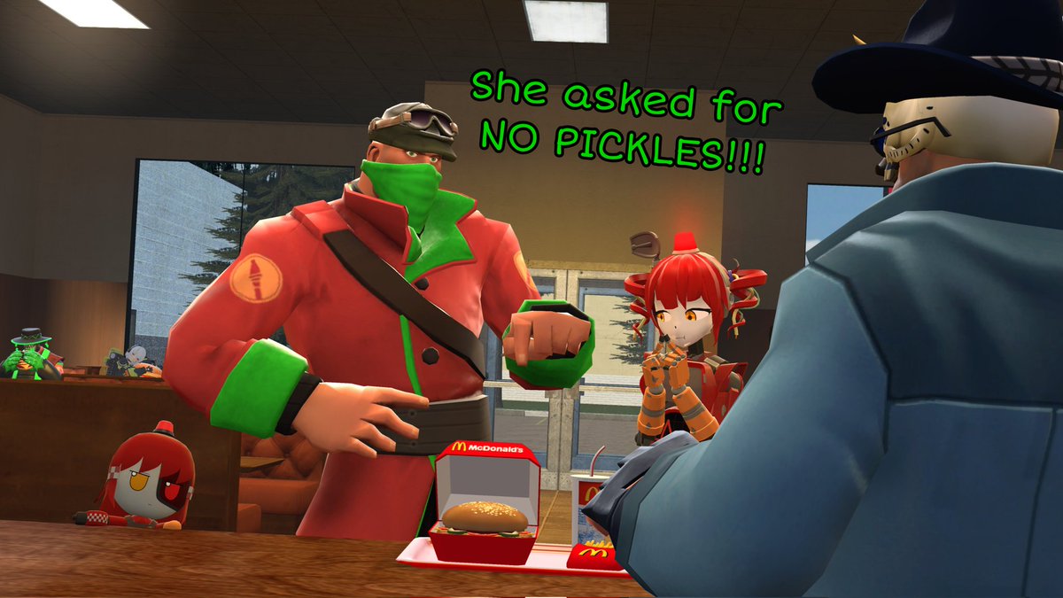 Randomix_1214's tweet photo. Pickles in a burger 🥒 🍔 
#tf2 #TeamFortress2 #Robogirl #MimiSentry #gmod #McDonald #Burger 
@Superheavygmod @tommygmod https://t.co/66KuJEkI7N