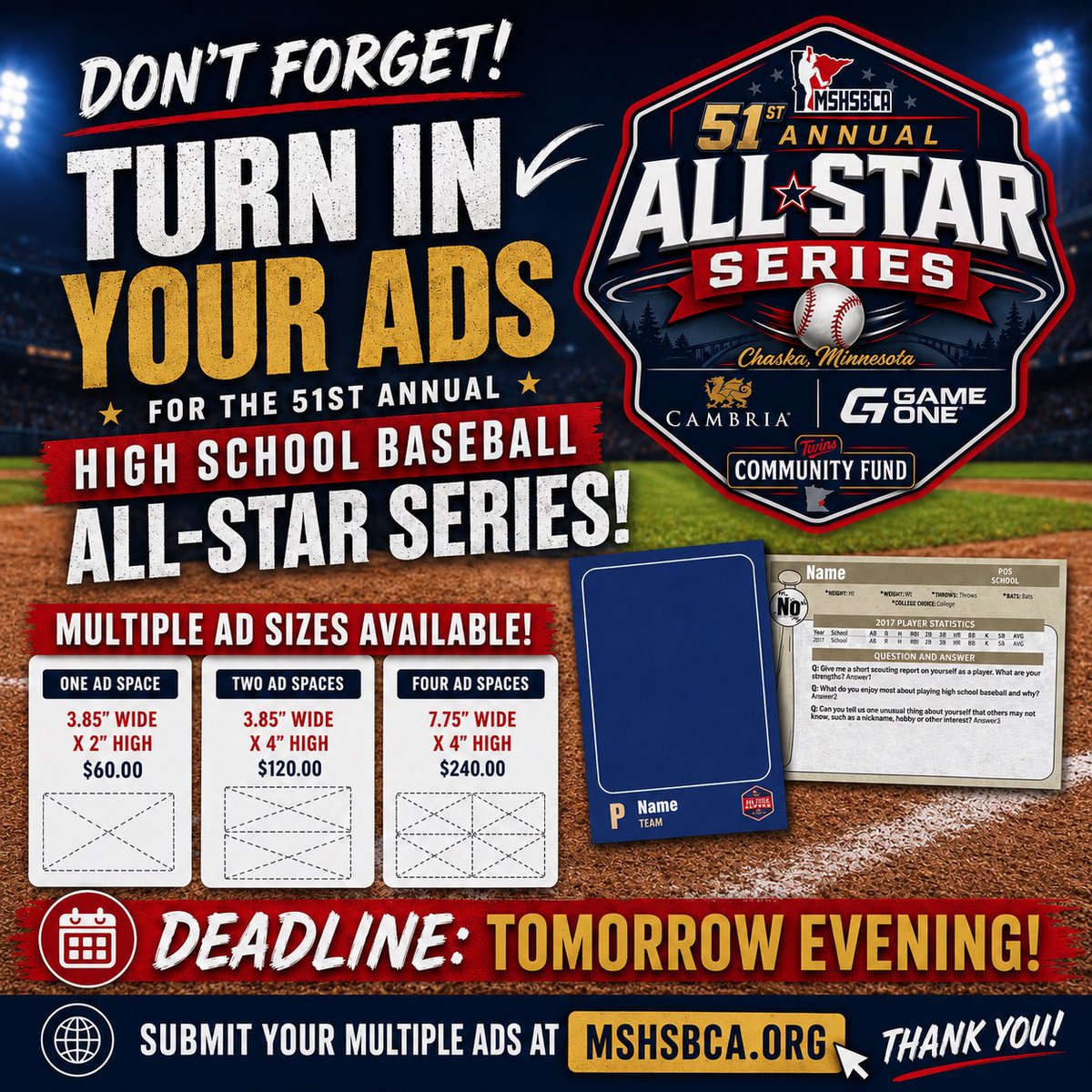 MSHSBCA's tweet photo. Deadline is tomorrow evening! Thank you! https://t.co/2HnXPKeutC