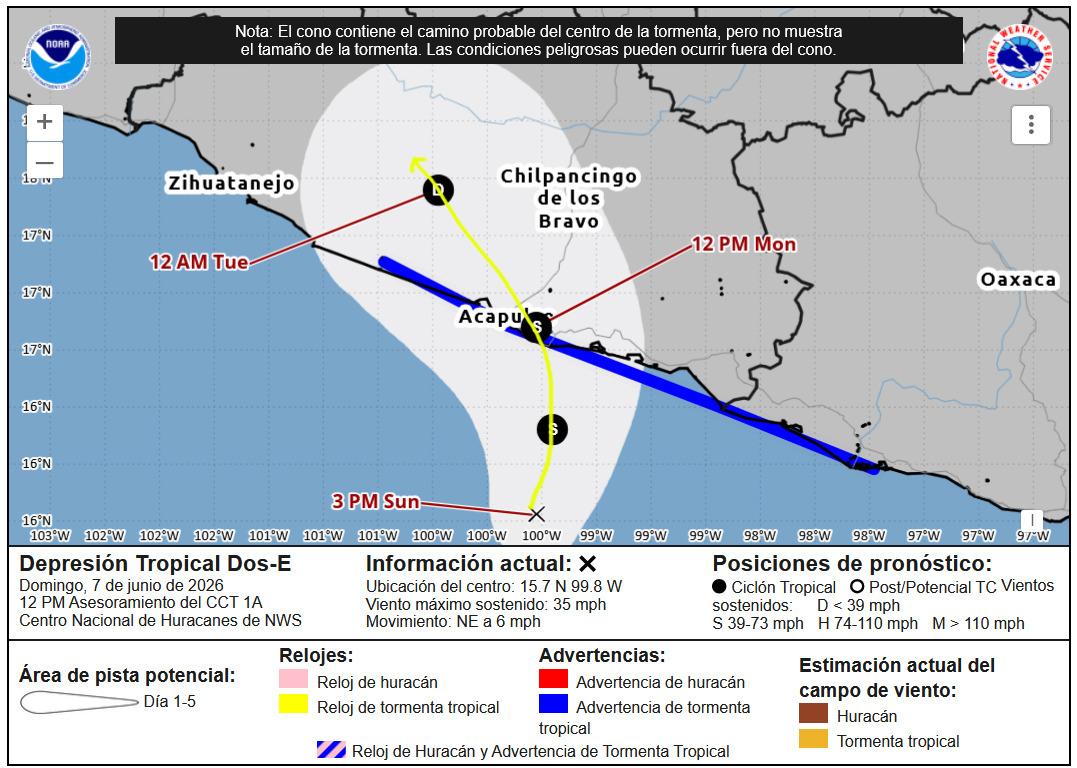SICTGuerrero's tweet photo. ⚠️🌧️🚨 AVISO ESPECIAL POR LLUVIAS INTENSAS.
El Servicio Meteorológico Nacional informa sobre la formación de la Depresión Tropical Dos-E, fenómeno que favorecerá lluvias de muy fuertes a torrenciales en los estados de Jalisco, Colima, Michoacán, Guerrero y Oaxaca. https://t.co/rUcvo2nGDK