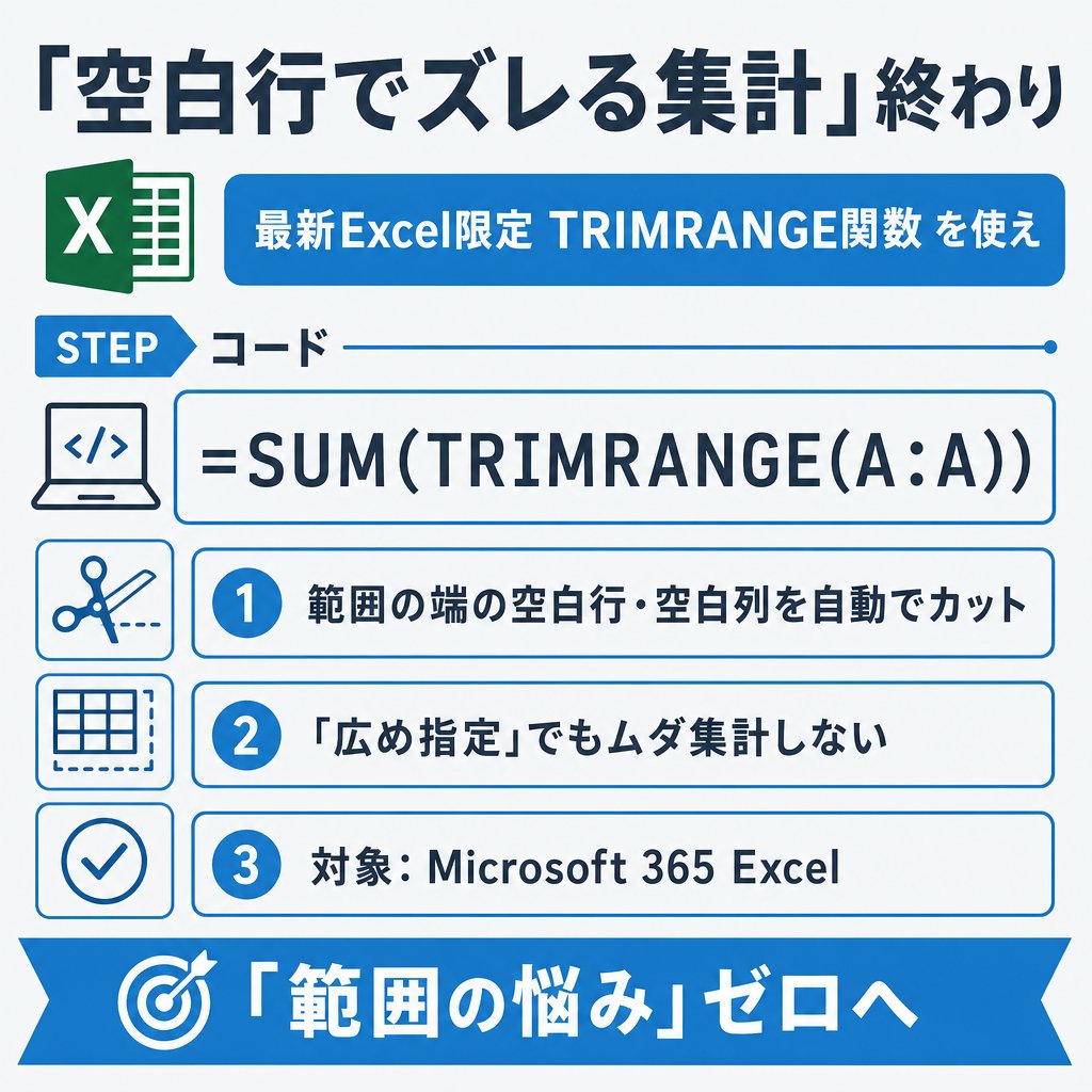 dx_ai_tools's tweet photo. 表の末尾に空白行が混ざって集計がズレる人へ。

最新Excel（Microsoft365）の TRIMRANGE関数 を使え：
=TRIMRANGE(A1:A1000)

範囲の端にある空白行・空白列を自動でカット。
=SUM(TRIMRANGE(A:A)) で「とりあえず広め」に指定してもOK。

「範囲をどこまでにするか」で悩む時間がゼロになる。

#Excel #Excel関数 #業務効率化 #事務職