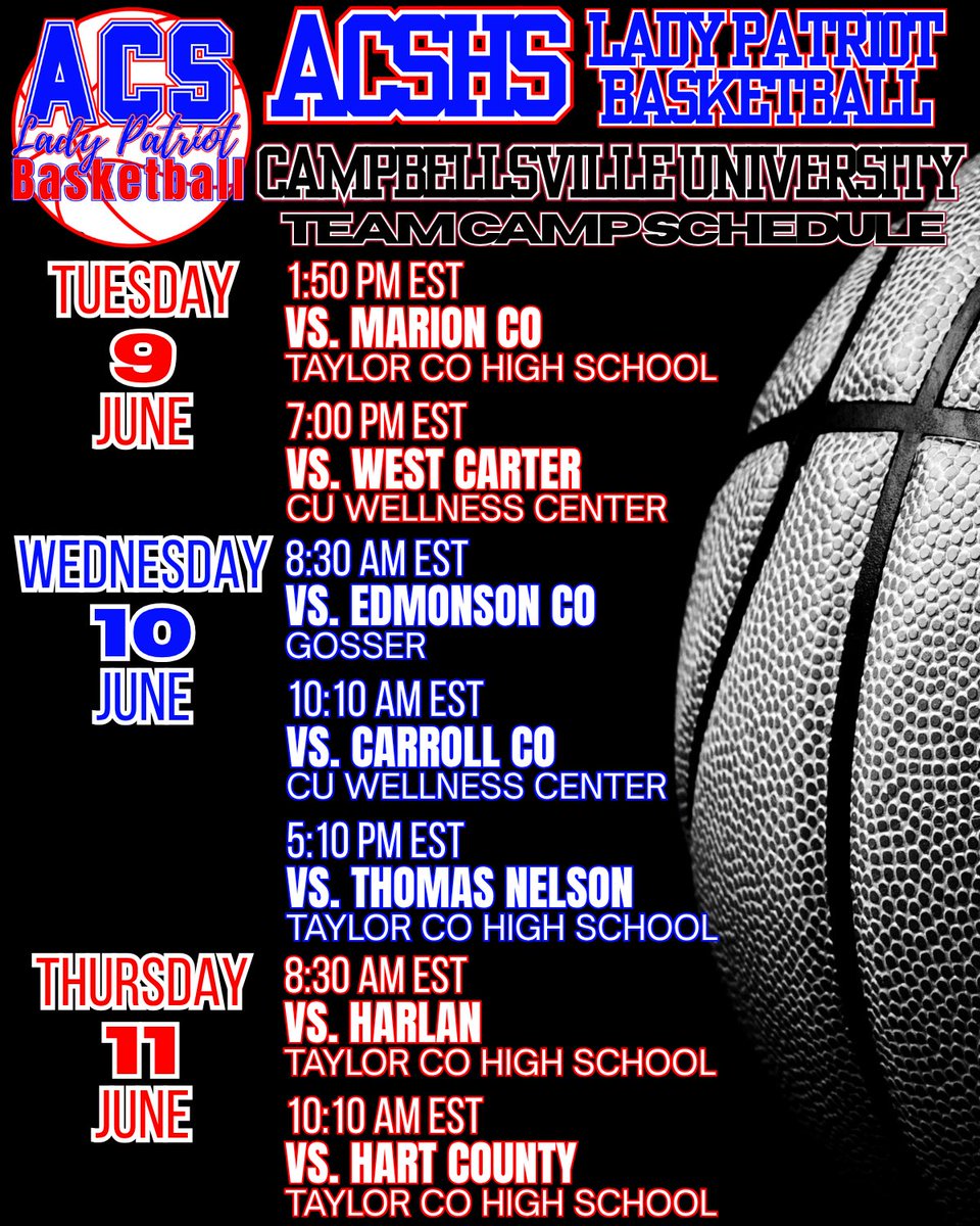 ACSLadyPatBball's tweet photo. After a weekend off, our girls will be back on the court Tuesday, Wednesday, and Thursday at Campbellsville University. Their schedule is below for anyone wanting to go watch.

*Times are Eastern.
*Gosser and Wellness are on campus.
*Taylor Co High is off campus. https://t.co/D91thEOho0