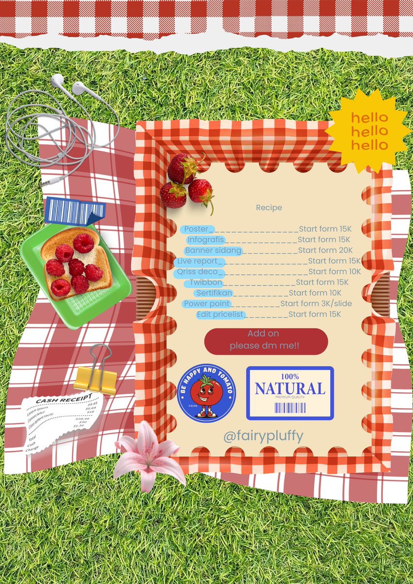 fairypluffy's tweet photo. 𐔌՞ ܸ.ˬ.ܸ՞𐦯Recipi Pricelist in here

Jasa/joki edit poster,infografis,banner,live report,qriss deco,twibbon,ppt,pricelist, or another request….if u need please contact me😆🫶🏻 hope u like it to this menu☁️ https://t.co/a4Ljej0aXd