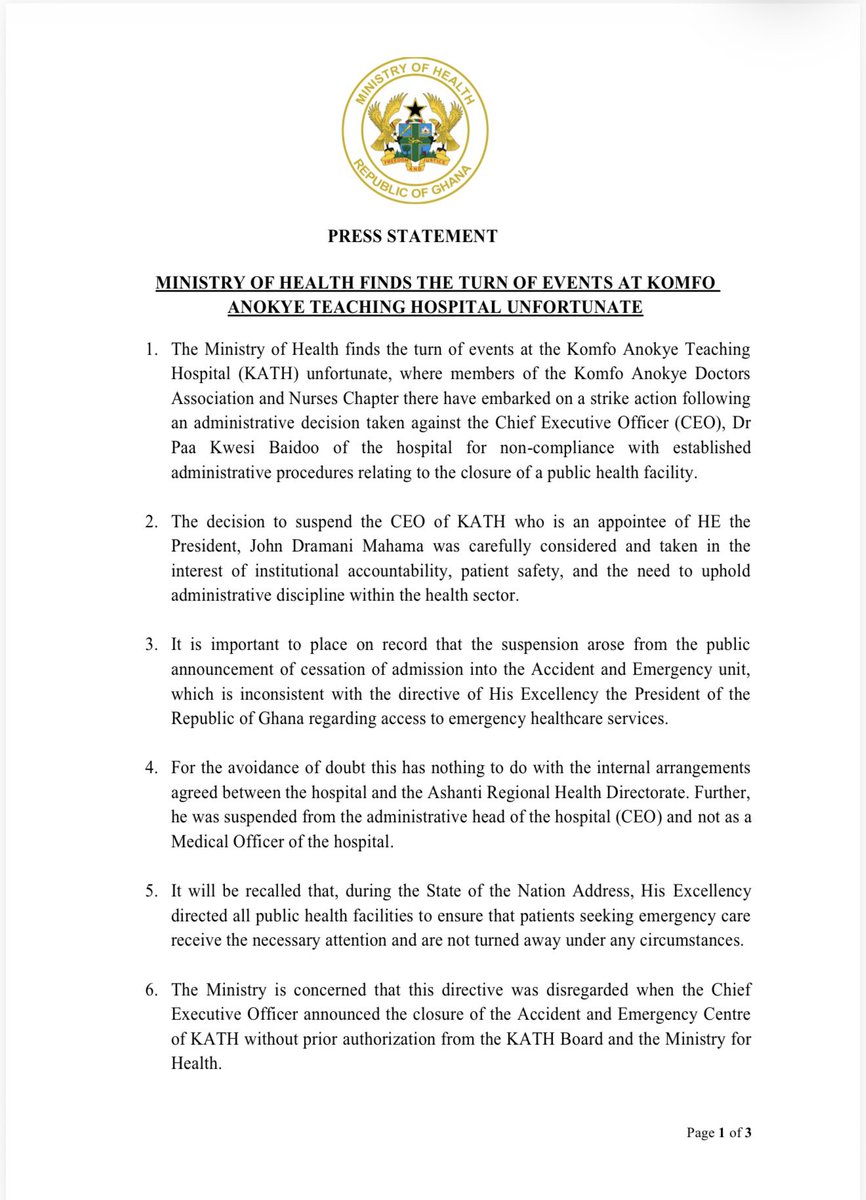 AnnanPerry's tweet photo. MINISTRY OF HEALTH FINDS THE TURN OF EVENTS AT KOMFO ANOKYE TEACHING HOSPITAL UNFORTUNATE. https://t.co/pdxYeVTw2e