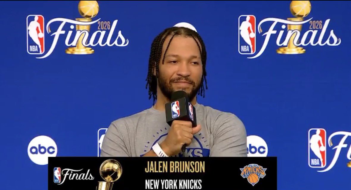 RealRobReinhart's tweet photo. Jalen Brunson on how Donald Trump’s presence at MSG will impact Game 3:

“They canceled all of the watch parties outside…fans can watch at home or whatever, I don’t care. I’ll be on the court playing as hard as I can for my president. He represents every Knicks’ fans’ beliefs. He embodies what it means to be a New Yorker.”
